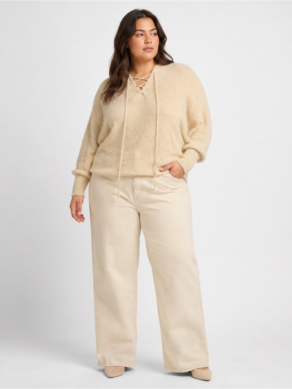 Women’s Beige Fuzzy Knit Lace-Up Pullover Top | Size 1XL | Cozy Neutral Sweater